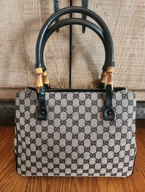 Gucci GG Canvas Tote Bag With Bamboo Accent Handles Black Leather
